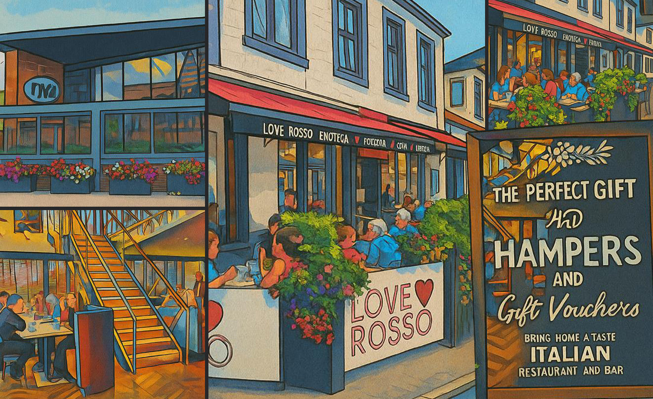 Illustration of a street scene with people dining outside a restaurant named 'Love Rosso'.